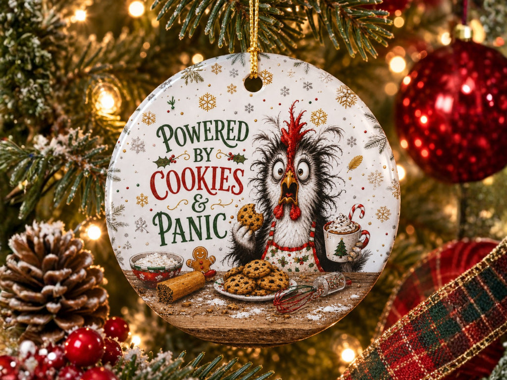 Powered By Cookies And Panic Chicken Christmas Ornament, Funny Chicken Lover Gift, Farmhouse Holiday Decor, Personalized Xmas Message