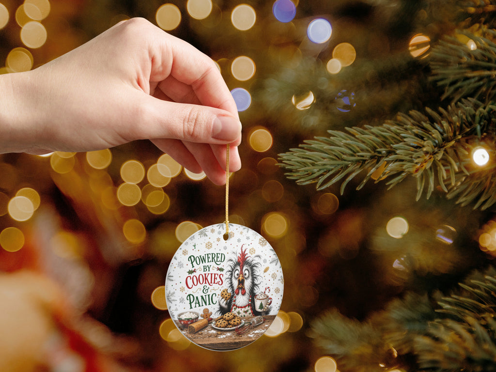 Powered By Cookies And Panic Chicken Christmas Ornament, Funny Chicken Lover Gift, Farmhouse Holiday Decor, Personalized Xmas Message