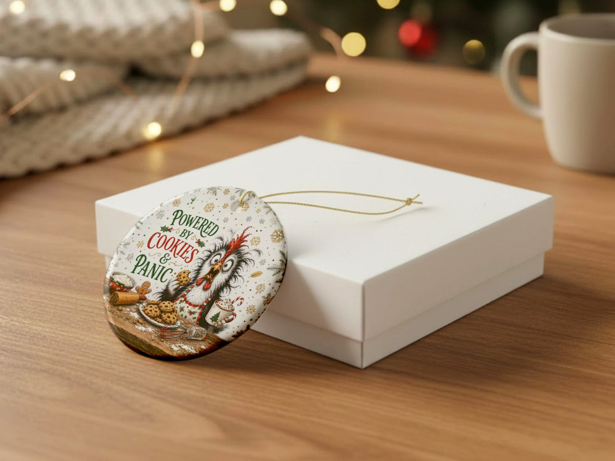 Powered By Cookies And Panic Chicken Christmas Ornament, Funny Chicken Lover Gift, Farmhouse Holiday Decor, Personalized Xmas Message