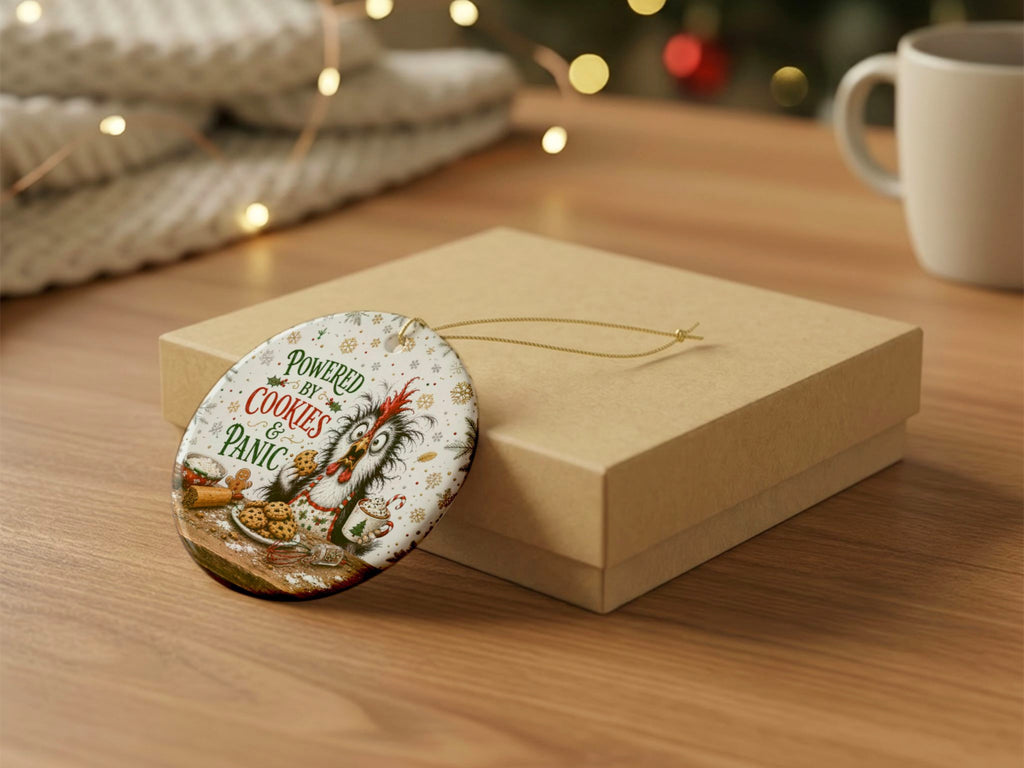 Powered By Cookies And Panic Chicken Christmas Ornament, Funny Chicken Lover Gift, Farmhouse Holiday Decor, Personalized Xmas Message