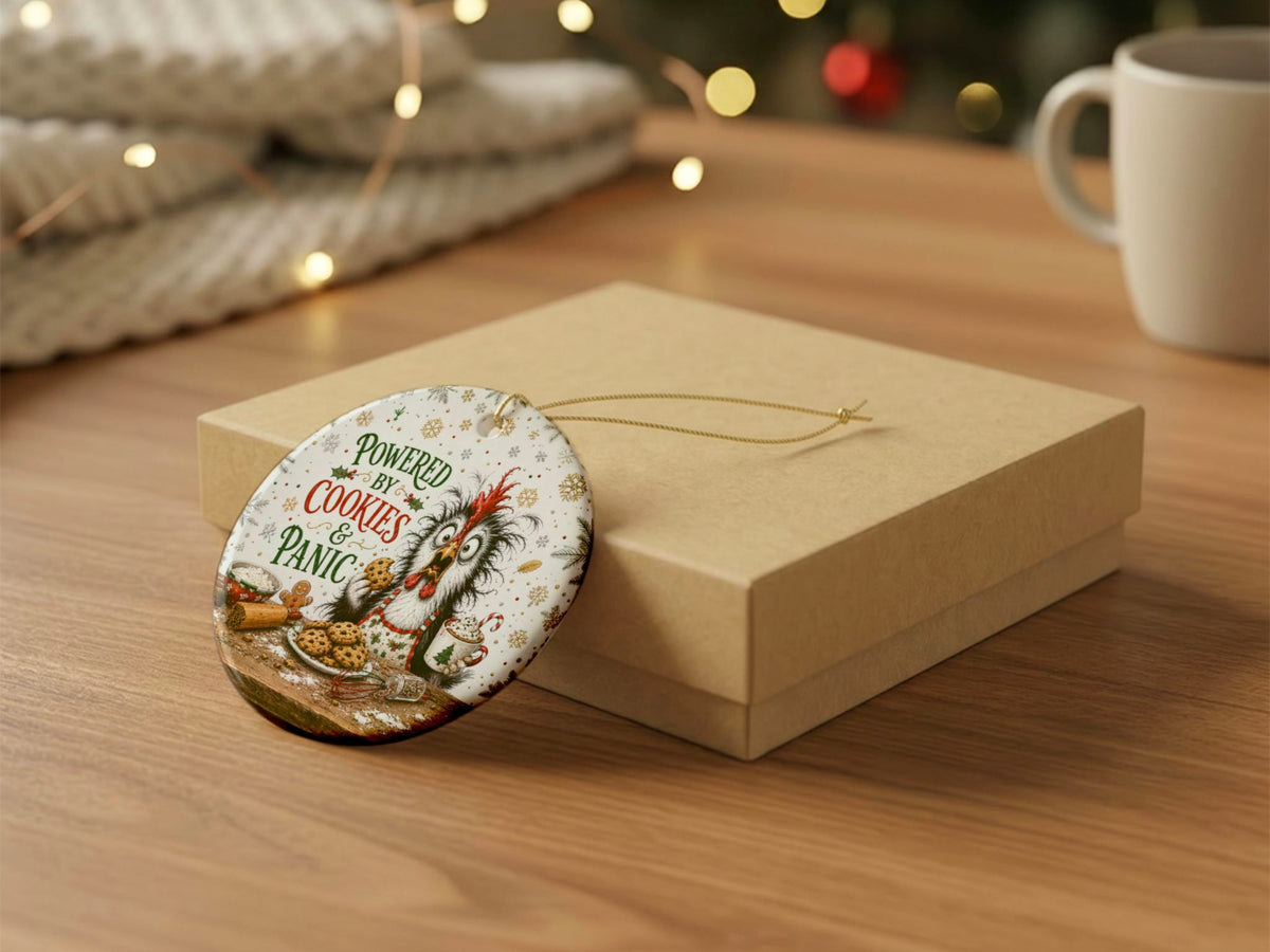 Powered By Cookies And Panic Chicken Christmas Ornament, Funny Chicken Lover Gift, Farmhouse Holiday Decor, Personalized Xmas Message