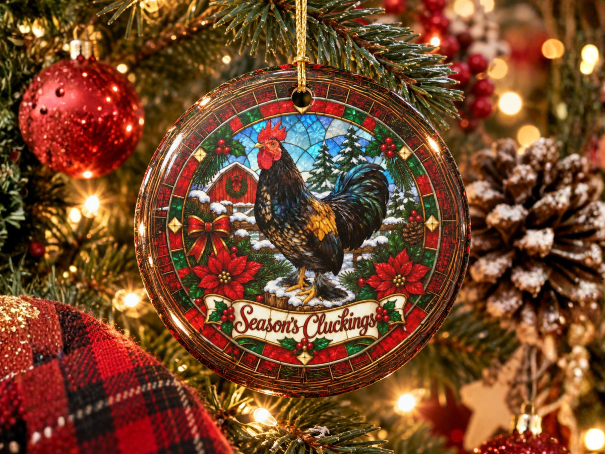 Season's Cluckings Rooster Christmas Ornament, Chicken Lover Gift, Stained Glass Farmhouse Decor, Personalized Back Message
