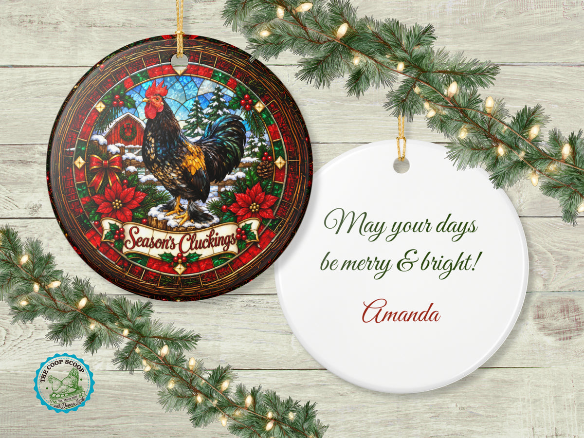 Season's Cluckings Rooster Christmas Ornament, Chicken Lover Gift, Stained Glass Farmhouse Decor, Personalized Back Message