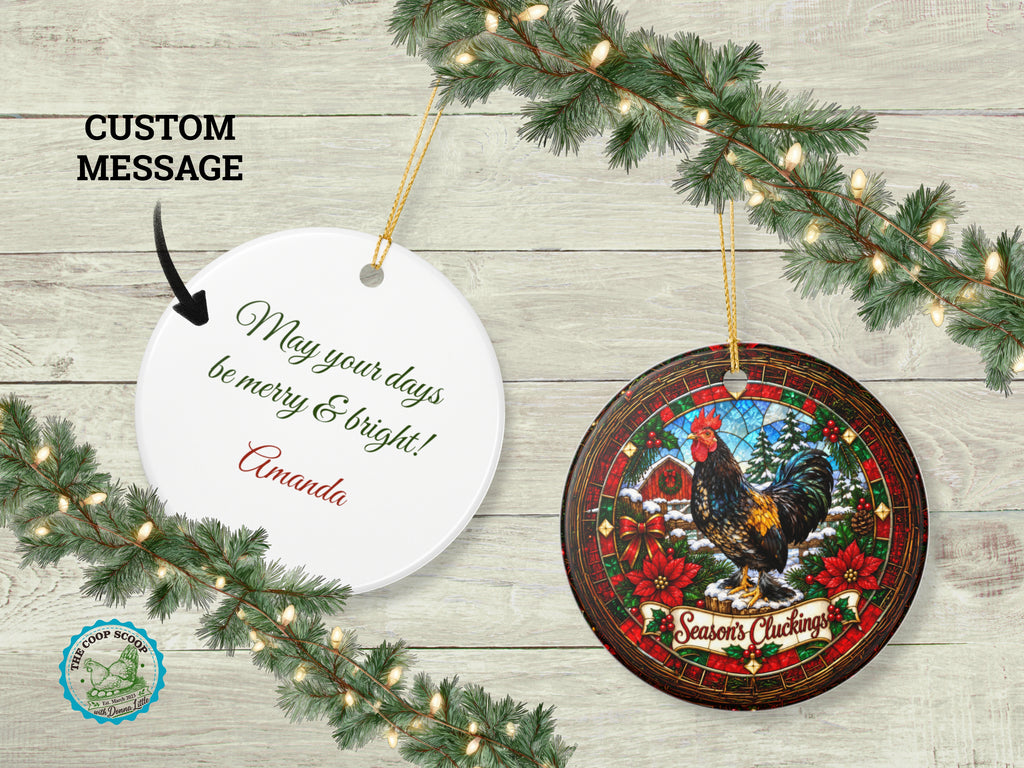Season's Cluckings Rooster Christmas Ornament, Chicken Lover Gift, Stained Glass Farmhouse Decor, Personalized Back Message