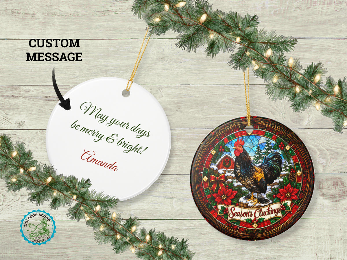 Season's Cluckings Rooster Christmas Ornament, Chicken Lover Gift, Stained Glass Farmhouse Decor, Personalized Back Message