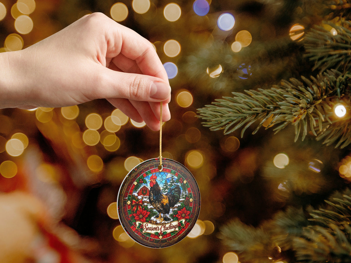 Season's Cluckings Rooster Christmas Ornament, Chicken Lover Gift, Stained Glass Farmhouse Decor, Personalized Back Message