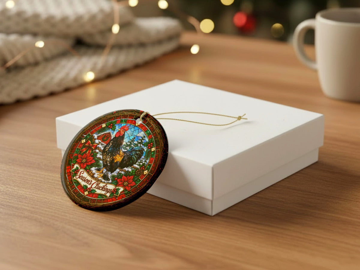 Season's Cluckings Rooster Christmas Ornament, Chicken Lover Gift, Stained Glass Farmhouse Decor, Personalized Back Message