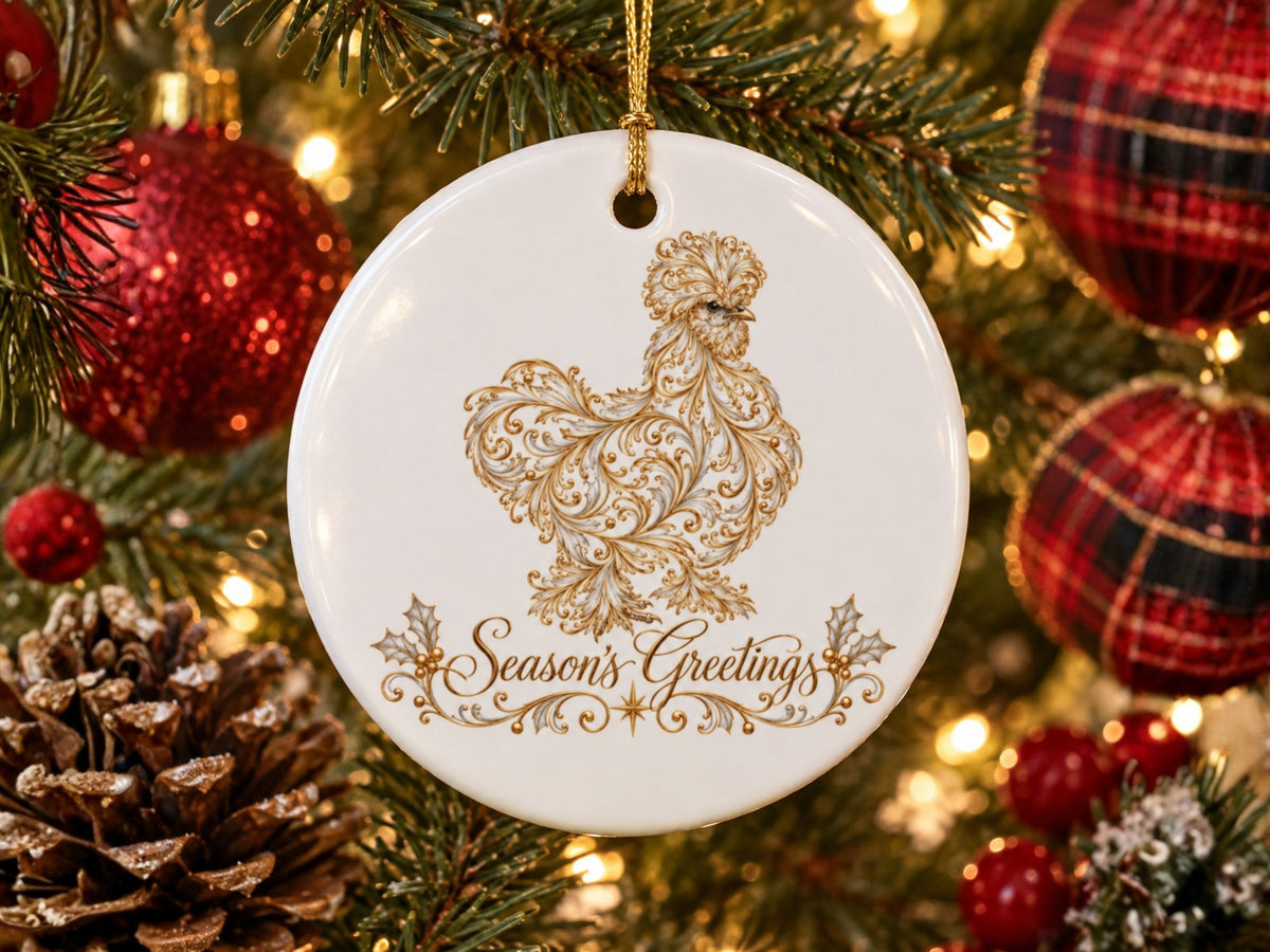 Season's Greetings Chicken Christmas Ornament, Elegant Chicken Lover Gift, Gold Farmhouse Holiday Decor, Personalized Xmas Message