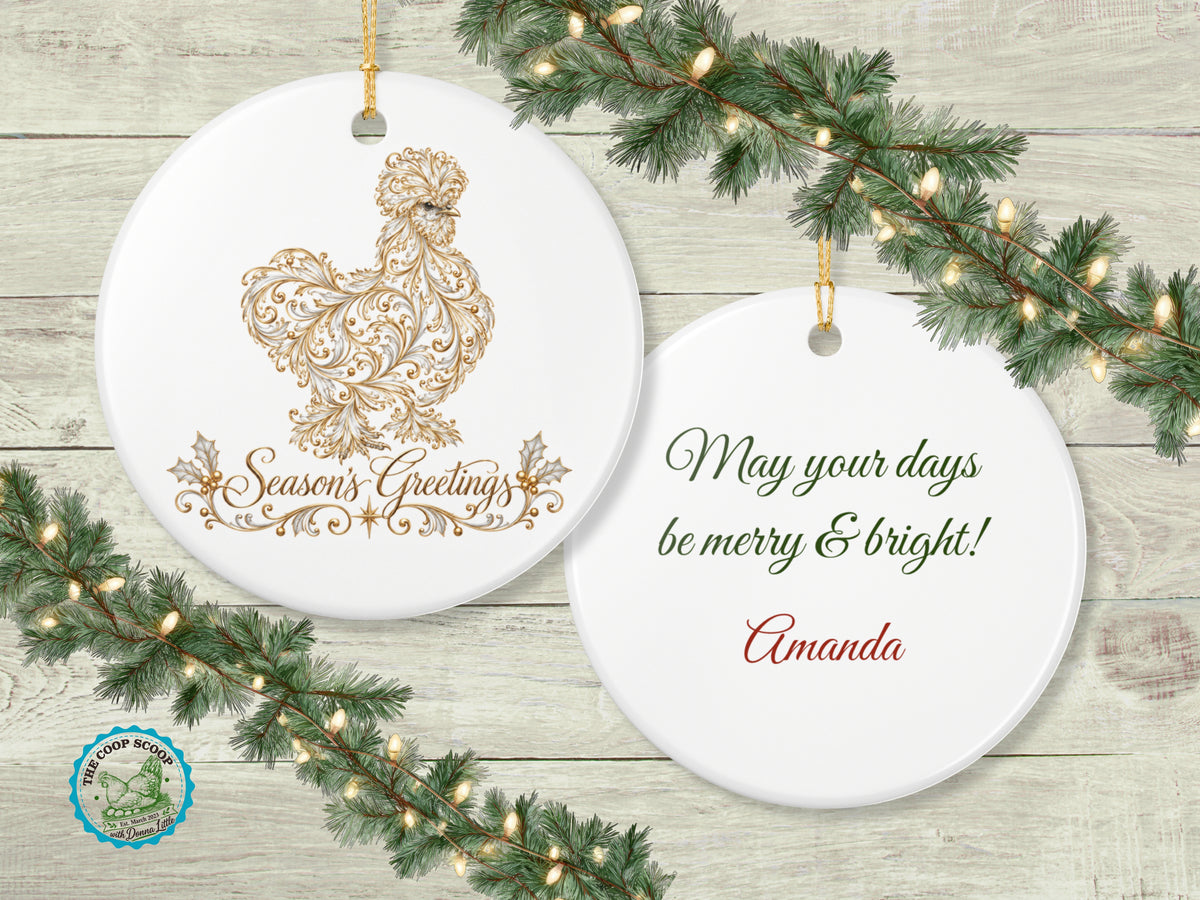 Season's Greetings Chicken Christmas Ornament, Elegant Chicken Lover Gift, Gold Farmhouse Holiday Decor, Personalized Xmas Message