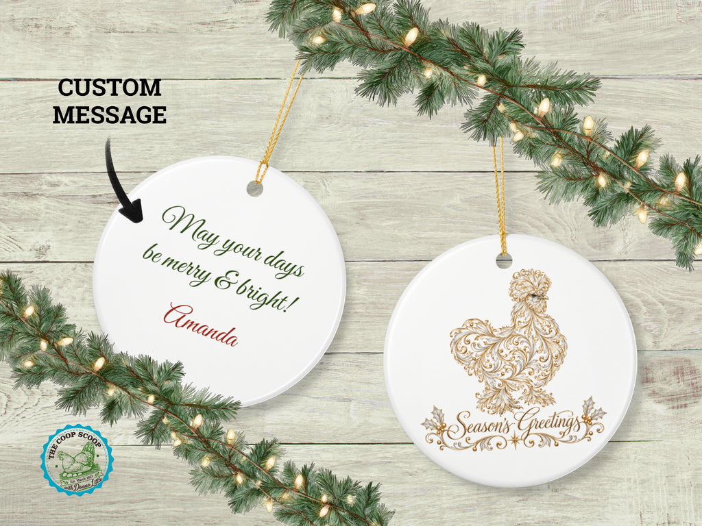 Season's Greetings Chicken Christmas Ornament, Elegant Chicken Lover Gift, Gold Farmhouse Holiday Decor, Personalized Xmas Message
