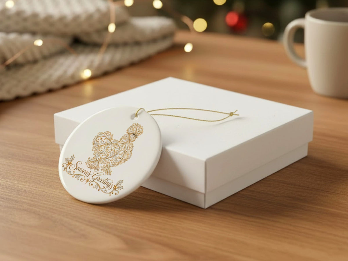 Season's Greetings Chicken Christmas Ornament, Elegant Chicken Lover Gift, Gold Farmhouse Holiday Decor, Personalized Xmas Message