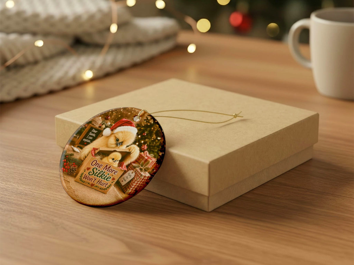 One More Silkie Won't Hurt Chicken Christmas Ornament, Funny Silkie Chicken Lover Gift, Farmhouse Holiday Decor, Personalized Xmas Message