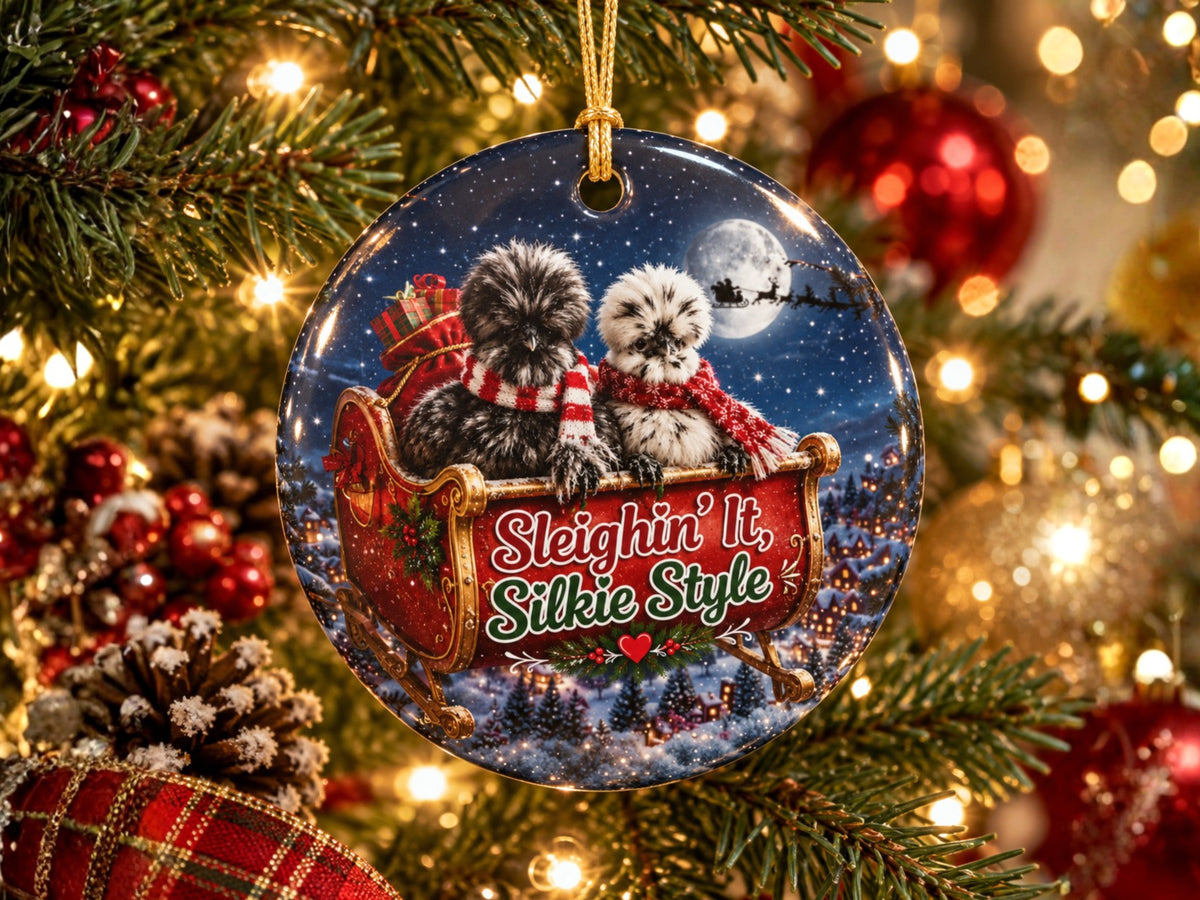 Sleighin It Silkie Style Chicken Christmas Ornament, Funny Silkie Chicken Lover Gift, Farmhouse Holiday Decor, Personalized Xmas Message